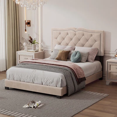 Upholstered Bed Frame with Button-Tufted Curved Headboard with Rivet Trim - Image 1 of 4
