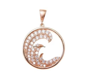 SOLID 14K ROSE GOLD HAWAIIAN OCEAN WAVE CIRCLE CHARM BLING CZ PENDANT 17.40MM - Picture 1 of 2