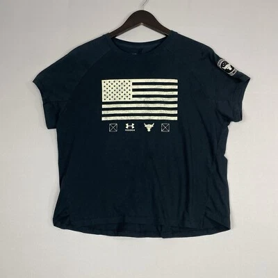 Under Armour Project Rock T Shirt Womens Small Black American Flag Crop Loose - Image 1 of 4