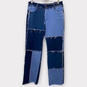 Shades of Blue Frayed Patchwork Y2K Style Stretch Denim Jeans Size XXL - Picture 1 of 5