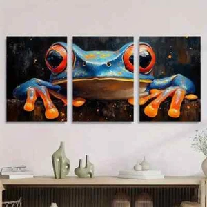 3pcs Vibrant Blue Tree Frog Painting Metal Print Ready to Hang Art - Picture 1 of 7
