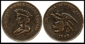 1849 CINCINNATI MINING & TRACING COMPANY CALIFORNIA MEDAILLE MÜNZE MARKE - Bild 1 von 1