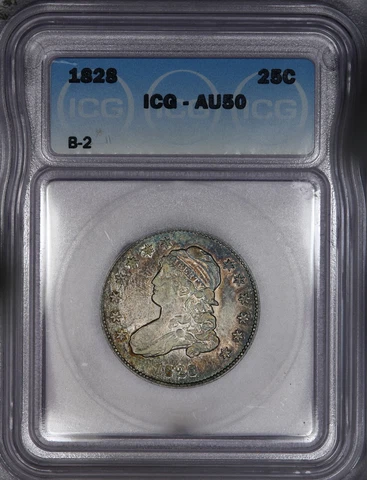1828 Capped Bust Quarter B-2 ICG AU50 Rarity 5 Census coin with Beautiful color! Cover