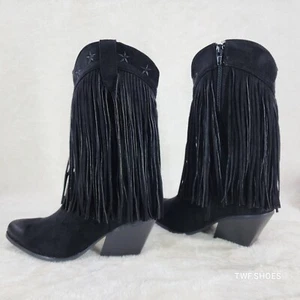 Botas vaqueras Dusty Trails Mid Calf Jet negras con flecos Country Western - Imagen 1 de 8