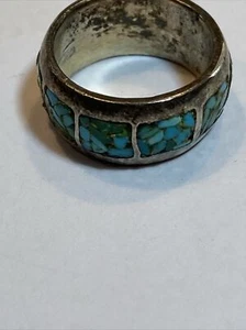 STERLING WIDE BAND RING MOSIAC GREEN TO TURQUOISE CHIPS INLAID ORIGINAL PATINA - Picture 1 of 7
