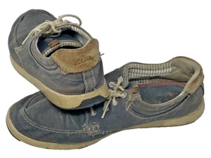 Clarks Bootsschuhe Herren 10 Lederbesatz blau grau Denim Canvas Strand Halbschuh MANGELHAFT - Bild 1 von 11
