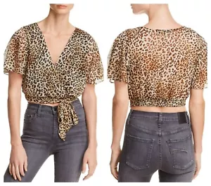 AQUA CHIC LEOPARD PRINT FAUX WRAP CROPPED BLOUSE TOP Sz L $ 58 - Picture 1 of 3