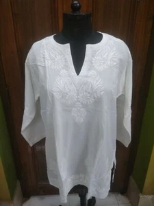2XL 46" HANDMADE TUNIC KURTA ETHNIC 100% MALMAL COTTON TOP CHIKAN EMBROIDERY - Picture 1 of 6