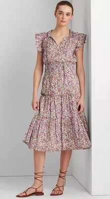 Ralph Lauren Floral Crinkle Tiered Dress Womens 6 Ruffle Smocked Dainty Peasant - Image 1 of 4