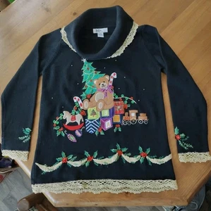 Maglione Vintage Kikit Maglione Natalizio Donna M Nero Ricamato Perline Paillettes - Foto 1 di 11