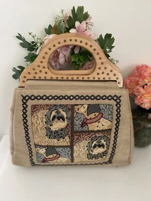 Bolso de mano dálmata Shih Tzu perro tapiz con cuentas terciopelo sintético asas de madera Foto 1 de 4
