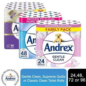 Andrex Toilet Rolls, Gentle Clean, Classic or Supreme Quilts x24,x48,x72 or x96