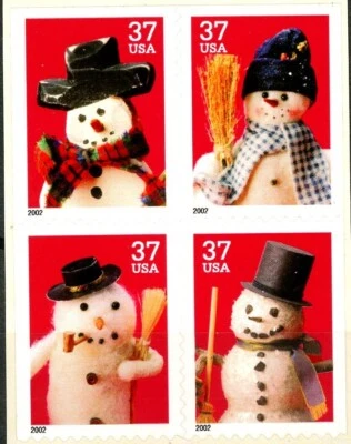 SNOWMEN 2002 Set of 4 Mint Remounted 2-Sided Booklet Stamps Scott's 3684 to 3687 - Image 1 of 2