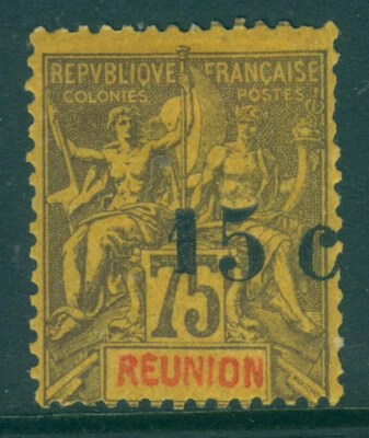 French Colonies - REUNION Is. 1901 Sage SURCH. 15/75c NO BAR var. Sc 58b mint MH - Image 1 of 2