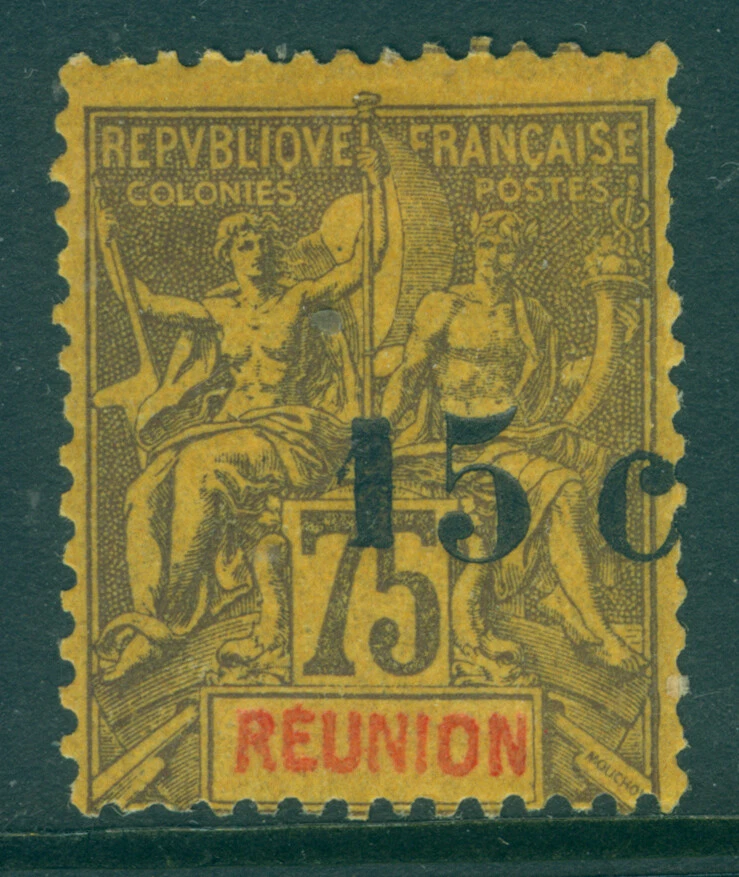 French Colonies - REUNION Is. 1901 Sage SURCH. 15/75c NO BAR var. Sc 58b mint MH - Image 1 of 2