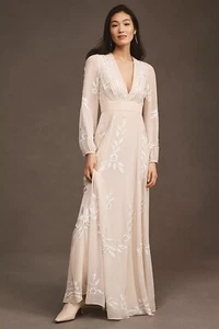 New Anthropologie BHLDN Belize Embroidered A-Line Long-Sleeve V-Neck Gown Sz US4 - Picture 1 of 12