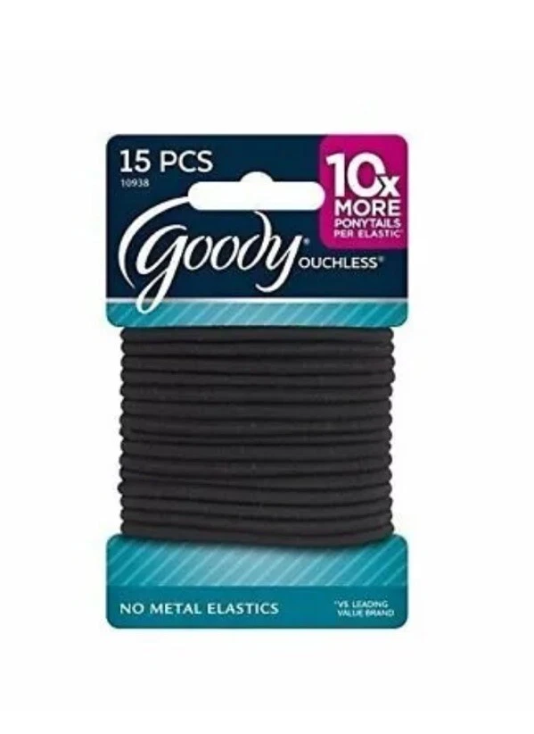 Lote de 6 paquetes de elásticos trenzados Goody Ouchless, negros, 15 unidades cada uno. 90 en total Foto 1 de 1
