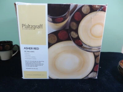 Pfaltzgraff Everyday Asher Red Dinner Salad Plates & Bowls Mugs Service For 4 - Image 1 of 4