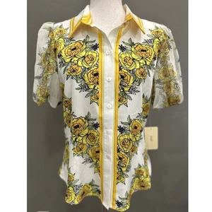Top Melocotón Floral Blanco Amarillo Abotonado Manga Abullonada Bloomcore Artístico Mediano Nuevo con Etiquetas - Imagen 1 de 10