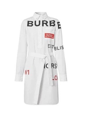 Burberry Kiley Horseferry Print Cotton Tie Waist Shirtdress Size 8 White Multi - Image 1 of 2