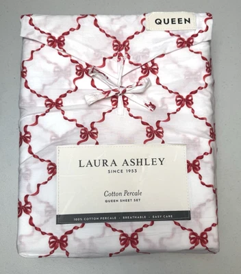NWT Laura Ashley Queen Sheet Set Holiday Cottage BOW RIBBON Red & White - Image 1 of 4