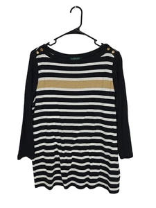 Top de algodón a rayas manga 3/4 Lauren Ralph Lauren para mujer 2X negro dorado - Imagen 1 de 9