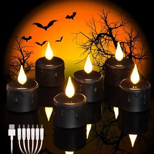 Daord 6 Stück Wiederaufladbare Halloween Schwarz Flammenlos LED Teelicht Kerzen Halle... - Bild 1 von 6