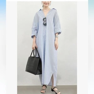 ZANZEA Cotton Blue Striped Long sleeve maxi Shirt Dress NEW Size Small - Picture 1 of 12