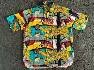 Vtg 80s Silk Club Men Shirt XL 100% Silk Button Up Short Sleeve All Over Art - Picture 1 of 5