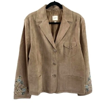 J. Jill Genuine Leather Embroidered Floral Sleeve Button Blazer Jacket, Sz XL - Image 1 of 4