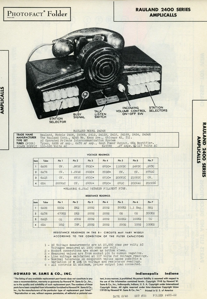 Carpeta de fotofactos/esquemática Sam de colección serie Rauland #2400 amplificadores SFF58 Foto 1 de 1