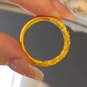 Real Pure 999 24K Yellow Gold Circle Rings Band Flower Carved Women US Size 5-9 - Picture 1 of 7