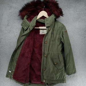 Abercrombie Fitch Kids Faux Fur Military Green Full Zip Parka Jacket Size 9/10 - Picture 1 of 22