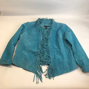 Dialogue Suede Leather Fringe Jacket Western Turquoise Blue Large - Picture 1 of 14