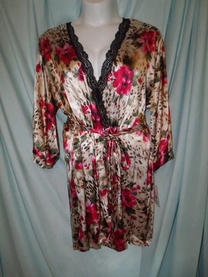 BATA DE SATÉN CON RIBETE DE ENCAJE ESTAMPADO ANIMAL FLORAL TESOROS SECRETOS TALLA 3XL~k11 Foto 1 de 2