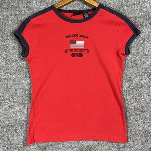VINTAGE Polo Jeans Co Ralph Lauren Baby Tee T Shirt Womens M Red USA Flag - Picture 1 of 11