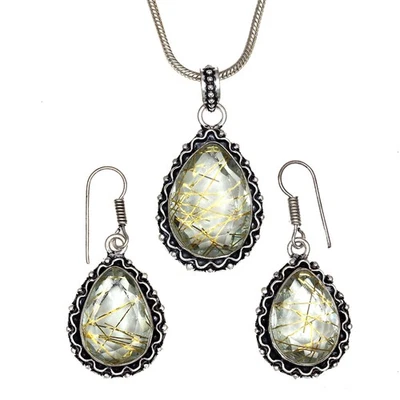 Conjunto de pendientes de oro rutilo joyería 18-20"" colgante cuarzo esterlina Foto 1 de 4