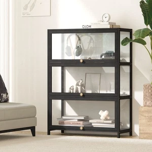 Oikiture Display Cabinet Storage 3-Tier Shelves Clear Bookcase Stand Rack Black - Picture 1 of 10