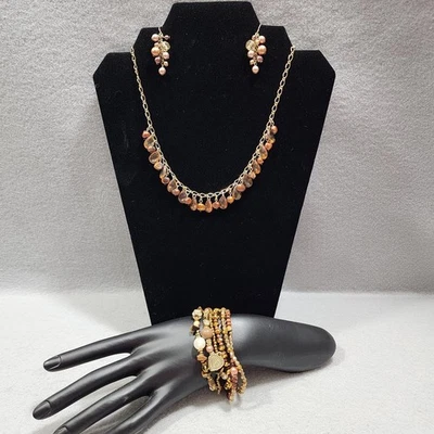 Cookie Lee Brown Amber Beaded Necklace, Earrings & Bracelets Set Vintage 1990's - Image 1 of 4