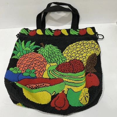 Vintage 1970s Hand Beaded Boho Purse Satchel Drawstring Bag Tropical Fruits - Image 1 of 4