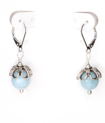 Pendientes con cierre de palanca de plata de ley 925 con piedras preciosas de bola azul aguamarina de 10 mm 1,50" Foto 1 de 2