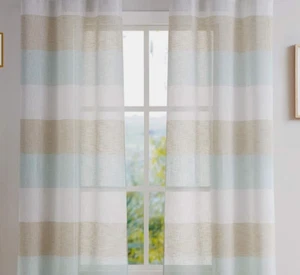 Pair Tan , Spa Blue Stripe Sheer Color Block Linen Curtain Panels 40x63 (A50) - Picture 1 of 3