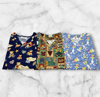 Vintage Scrub Tops Lot of 3 Size M Pockets Easter Bunny Angel Bear Sheriff Bear - Image 1 of 4