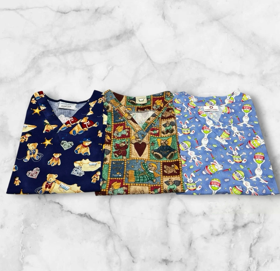 Vintage Scrub Tops Lot of 3 Size M Pockets Easter Bunny Angel Bear Sheriff Bear - Image 1 of 4