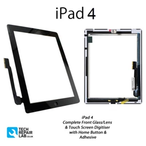 NEW iPad 4 Complete Front Glass Panel Digitiser Touch Screen w/Adhesive - BLACK - Picture 1 of 3