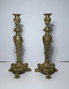 Antique PAIR FRENCH BRONZE CANDLESTICKS 19th Century 14 1/2” Tall LOUIS XV XVI - Picture 1 of 7