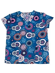 Womens Fashion Medical Nursing Scrub Print Tops Blue Base Embroidery flowers M - Picture 1 of 2