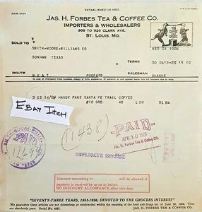 1926 St. Louis Missouri Jas. H. Forbes Tea & Coffee Co billhead 926 Clark Ave - Picture 1 of 1