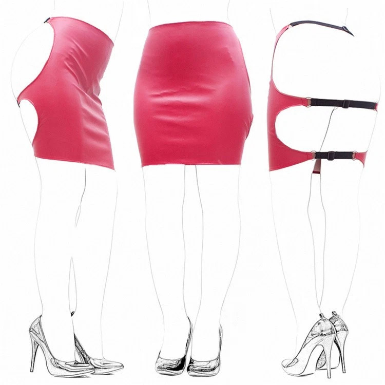 Wetlook Red PVC Style Faux Leather Backless Red Strap Spank Mini Skirt