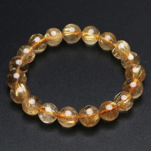 10.4mm Natural Gold Titanium Rutilated Quartz Crystal Beads Bracelet GRA048 - Picture 1 of 4